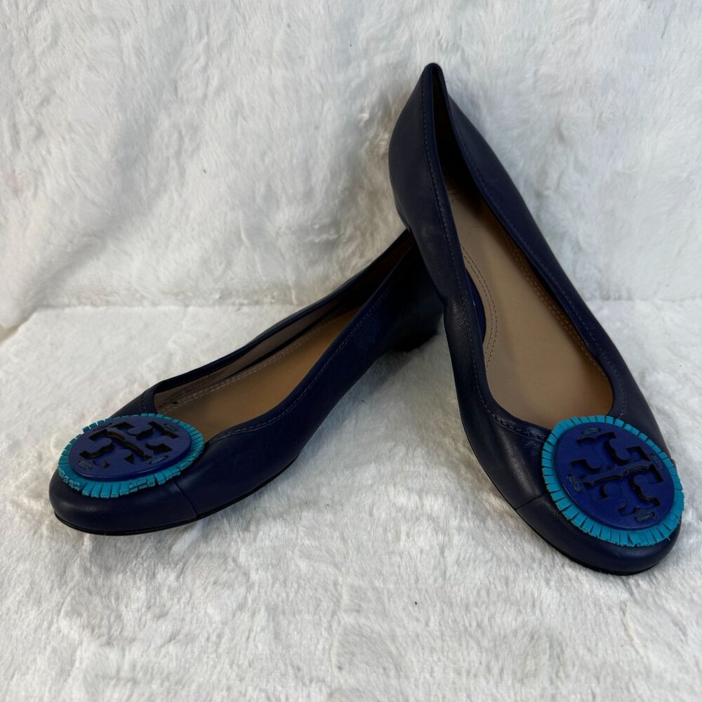 Tory Burch Minnie Cap-Toe Leather Ballet Flat Navy Sea Brillant - Picture 1 of 8